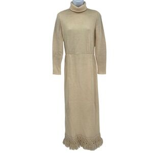 Vintage 70s Knit Dress Miss Continental Hippie Turtleneck Fringe Hem Boho Size S